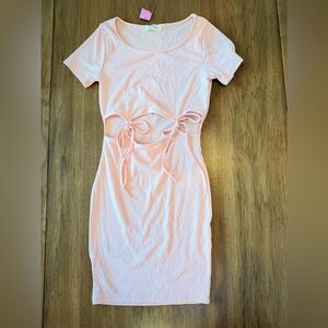 Attirance Light Pink Short Sleeve Ribbed 3 Front Tie Mini Dress Womens Small